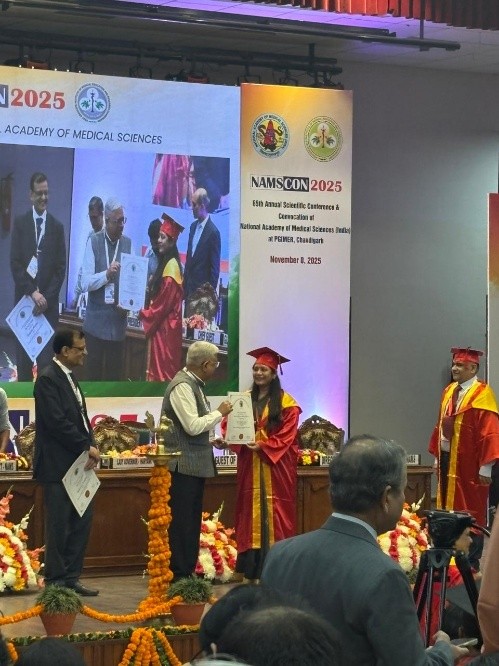 Head of Department, Prof. (Dr.) Vartika Saxena, receiving the prestigious Fellowship of the National Academy of Medical Sciences (FAMS) at PGI Chandigarh.